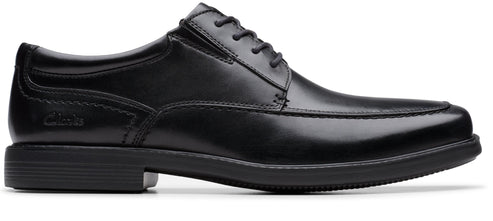 A black leather dress shoe with a lace-up closure.