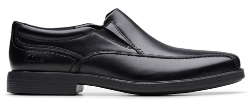 Black leather slip-on dress shoe.