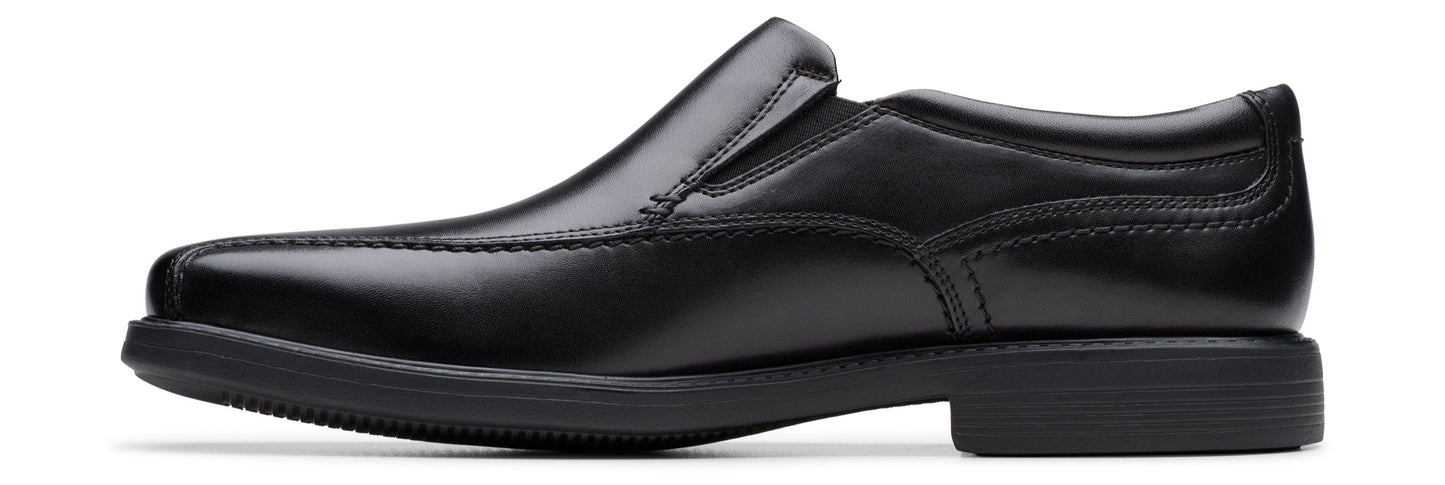 Black leather slip-on dress shoe.