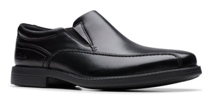 Black leather slip-on dress shoe with a rounded toe.