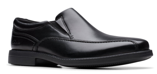 Black leather slip-on dress shoe with a rounded toe.