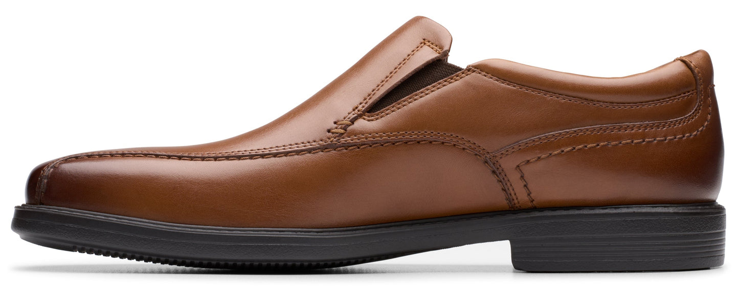 A brown leather slip-on dress shoe with a black sole and heel.
