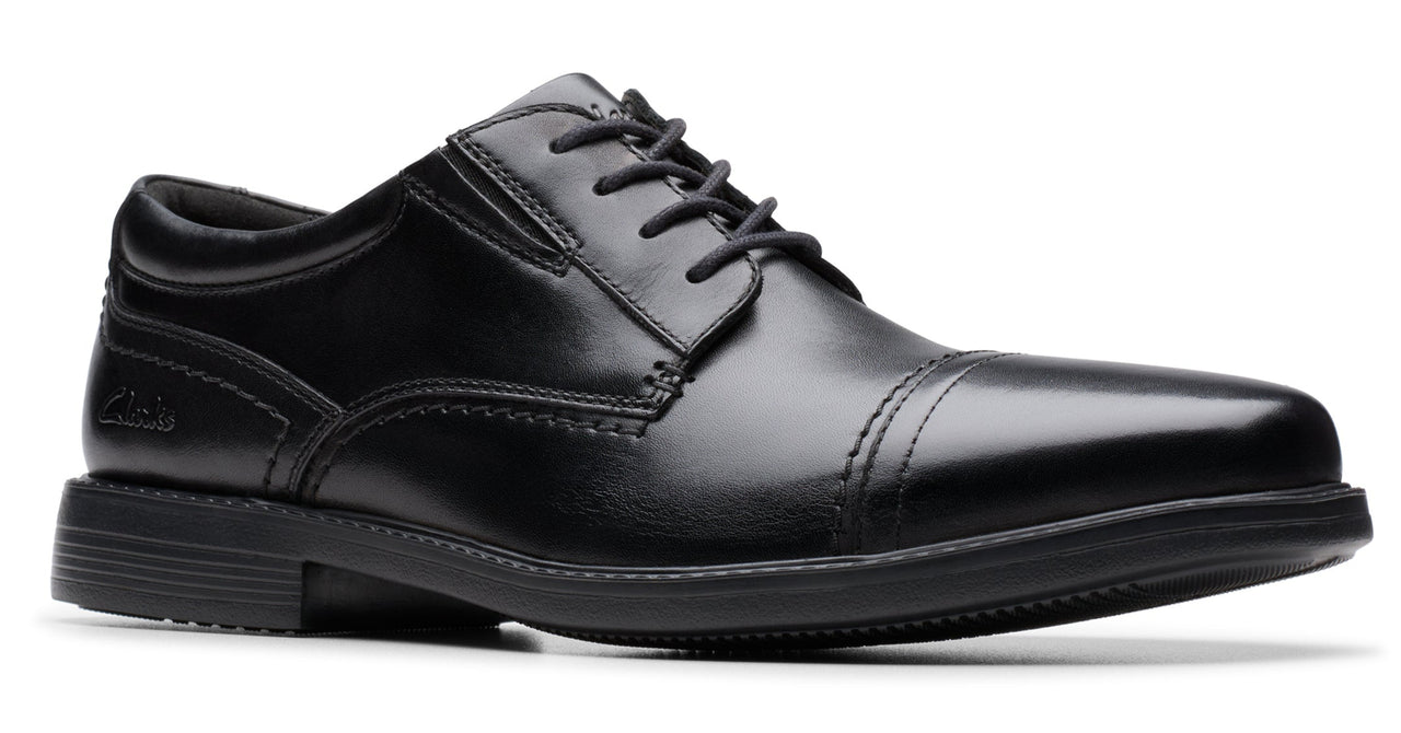Black leather cap-toe dress shoe with laces