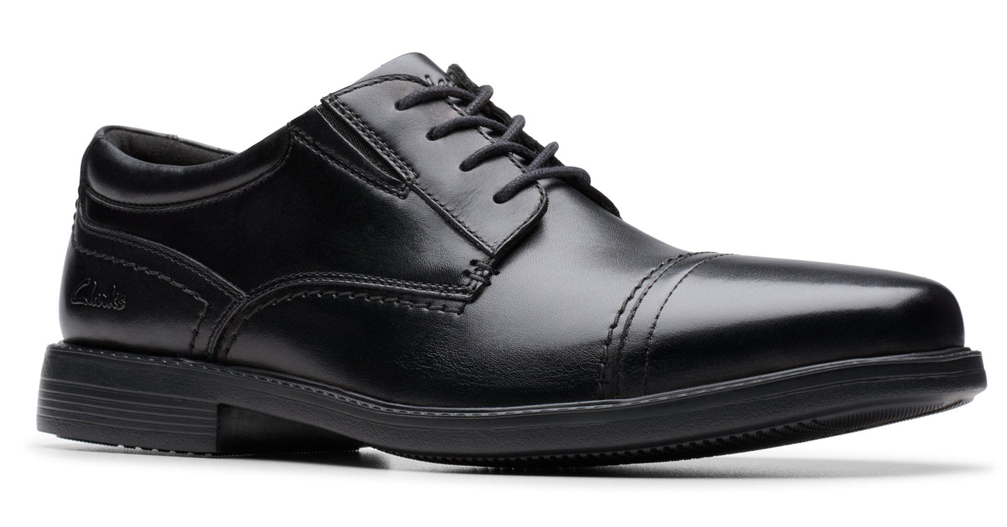 Black leather cap-toe dress shoe with laces