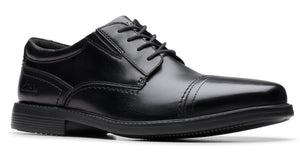 Black leather cap-toe dress shoe with laces