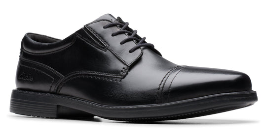 Black leather cap-toe dress shoe with laces