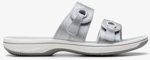 Silver sandal with two adjustable straps.