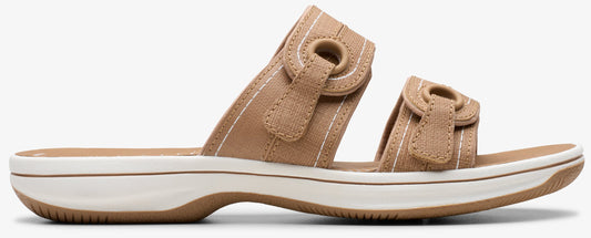 Beige sandal with two adjustable straps.