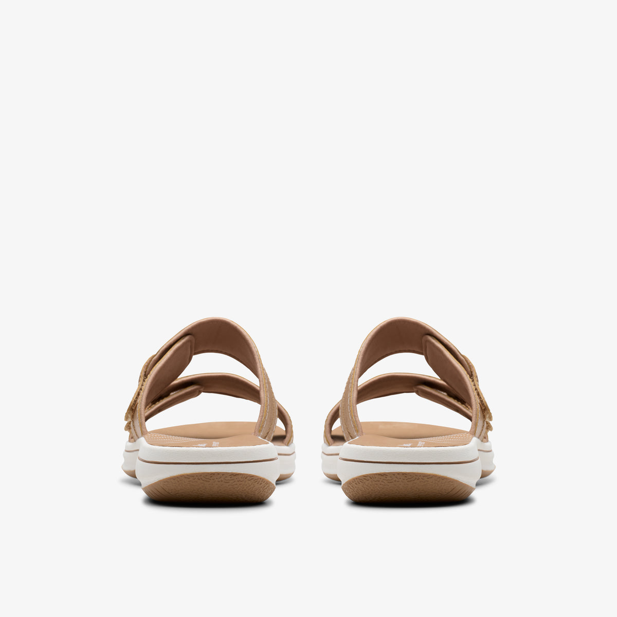 Pair of tan sandals with two adjustable straps viewed from the back.