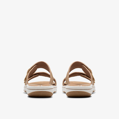 Pair of tan sandals with two adjustable straps viewed from the back.