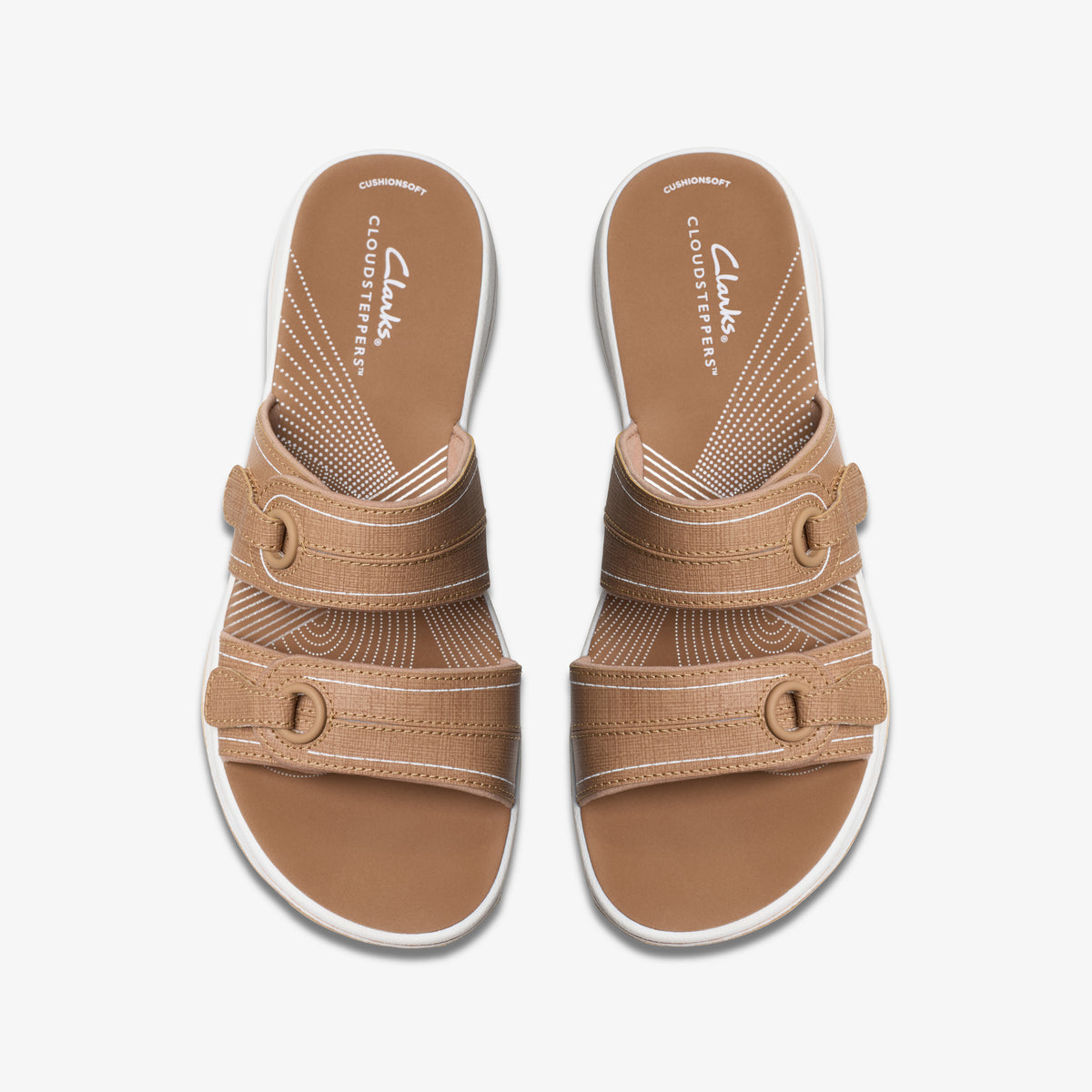 Tan-colored sandals with two adjustable straps and white soles, top view. Visible text: CLOUDSTEPPERS.