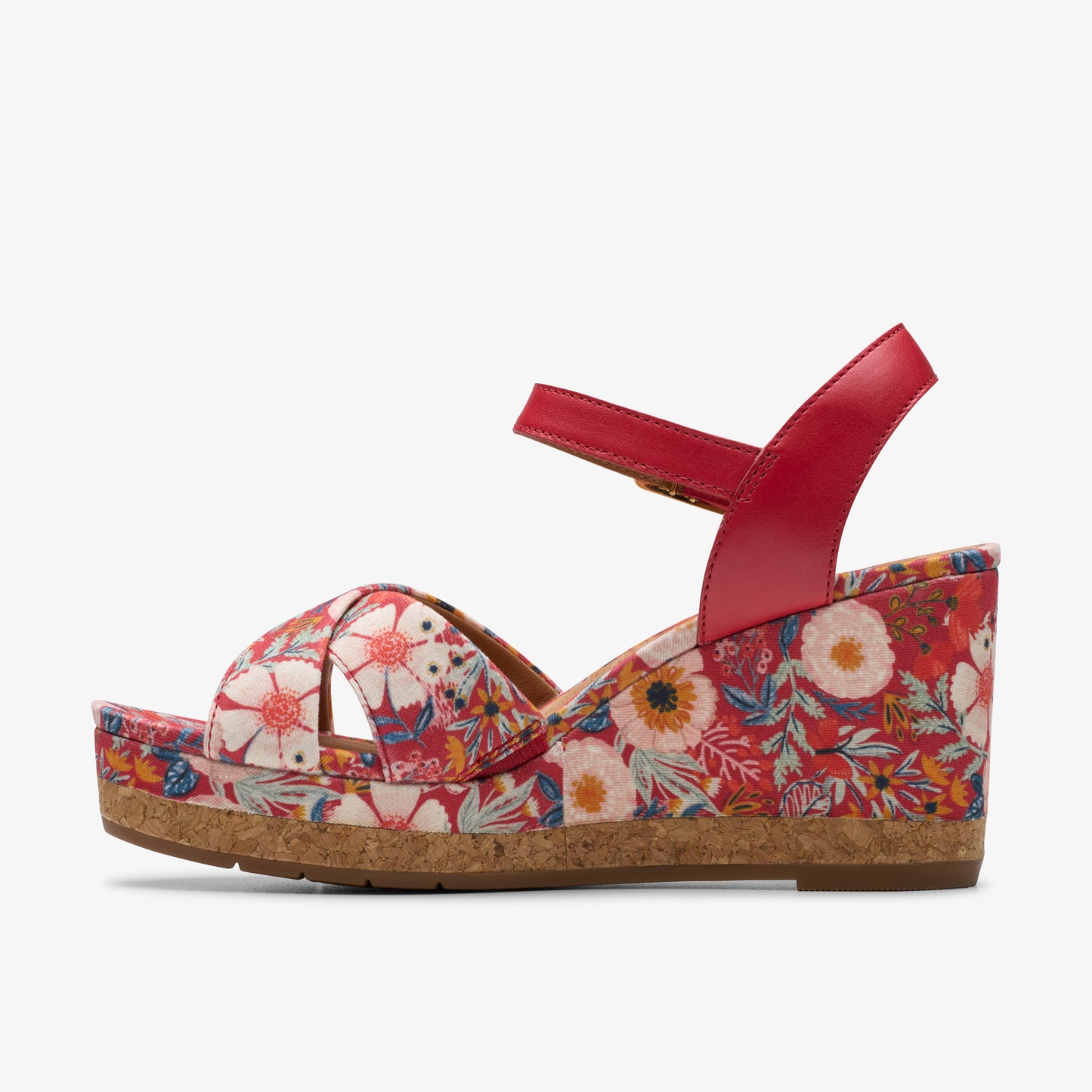 Red floral platform sandal with ankle strap.