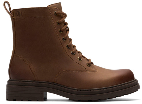 Tan, laced, mid-calf leather boot with a low block heel.