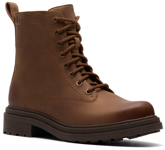 Brown leather lace-up ankle boot with lug sole.