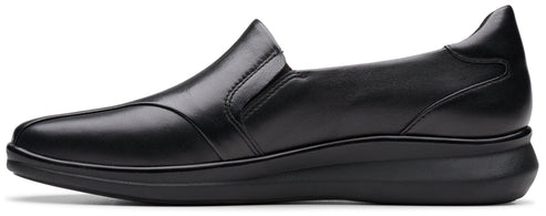 Black leather slip-on shoe with a rounded toe and a low heel.