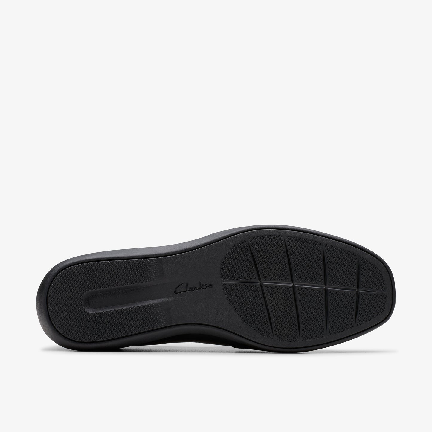 Bottom view of a black shoe featuring a dark sole with a textured pattern.