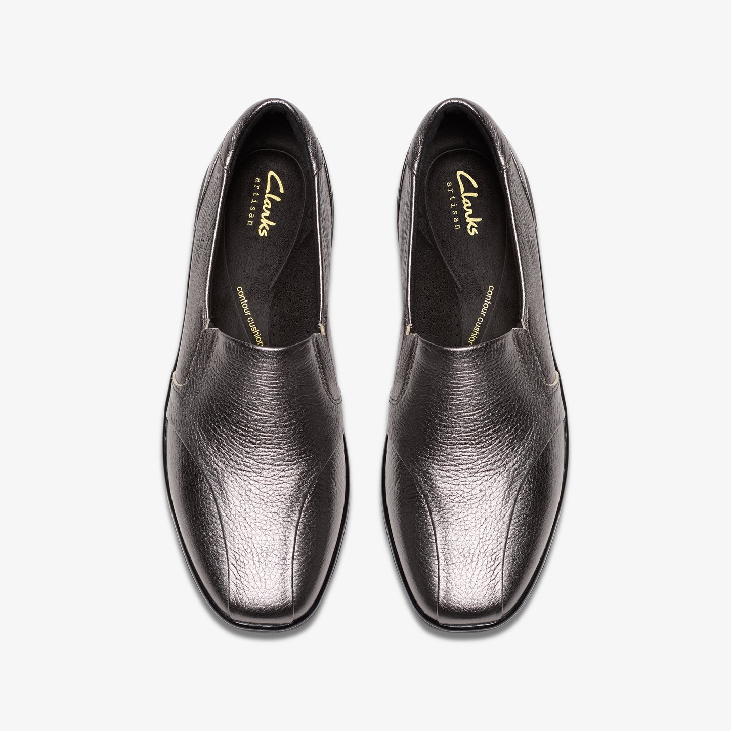 Pair of gray slip-on dress shoes.