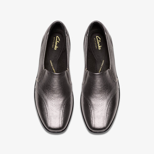 Pair of gray slip-on dress shoes.