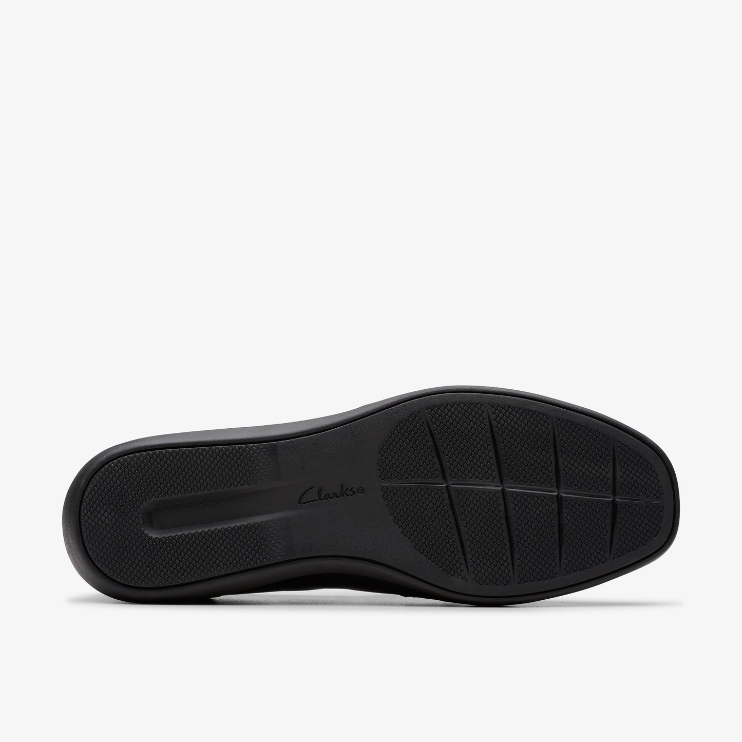 Black shoe sole with textured grid and 'Clarks' lettering.