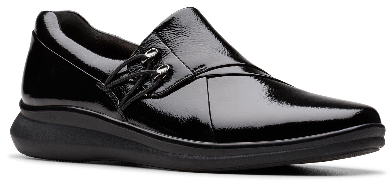 Black patent leather shoe with elasticized laces.