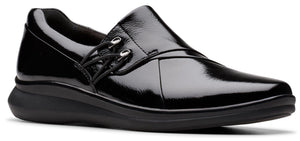 Black patent leather shoe with elasticized laces.