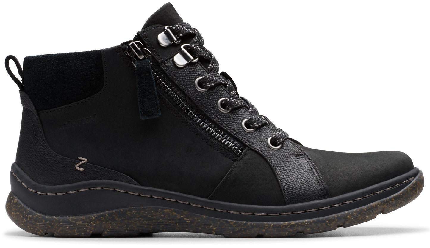 Black ankle boot with zipper and laces.