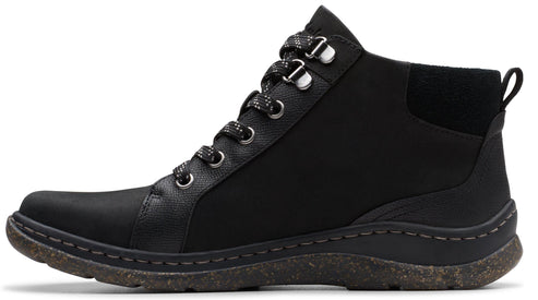 Black ankle boot with lace-up closure and contrasting sole.