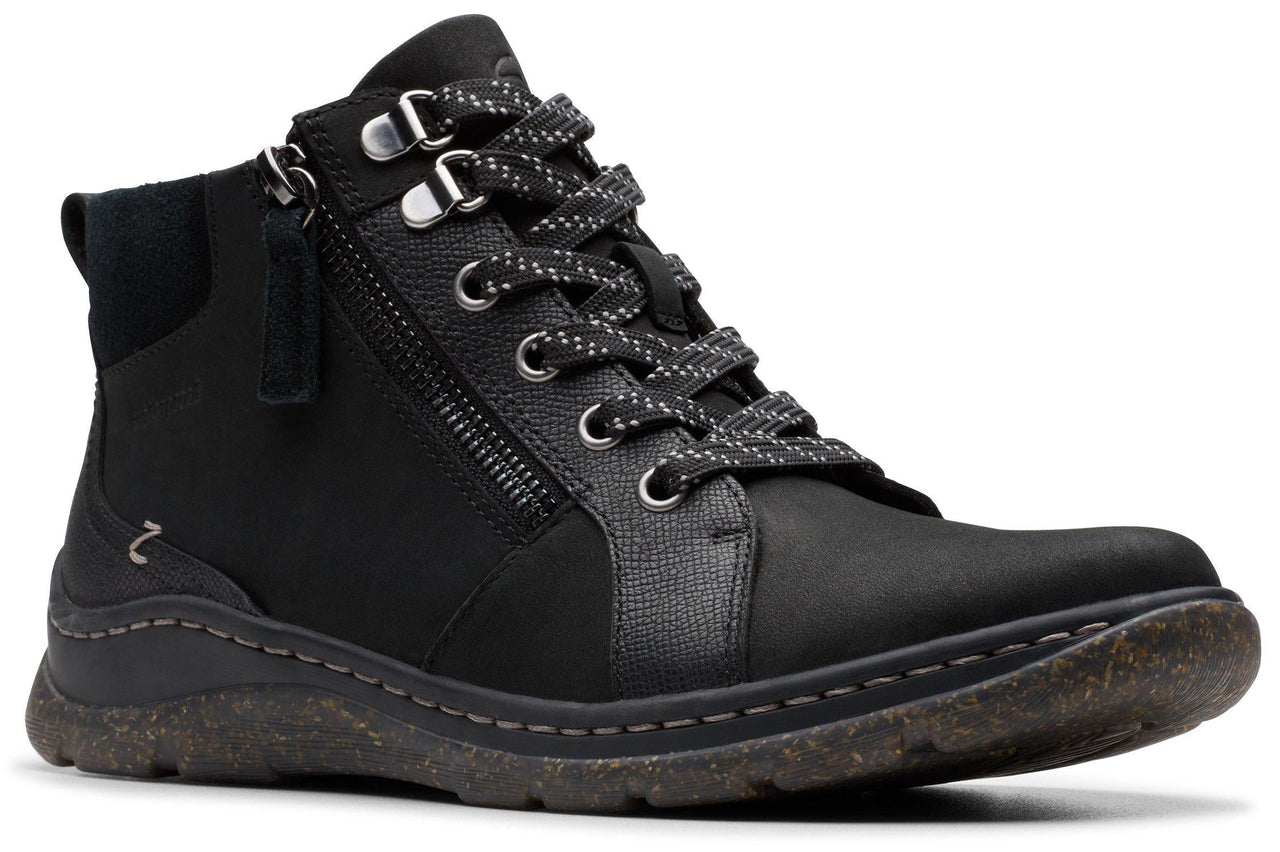 Black ankle boot with side zipper and decorative patterned laces.