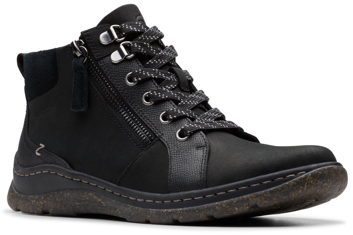 Black ankle boot with side zipper and decorative patterned laces.