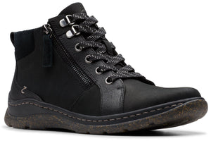 Black ankle boot with side zipper and decorative patterned laces.