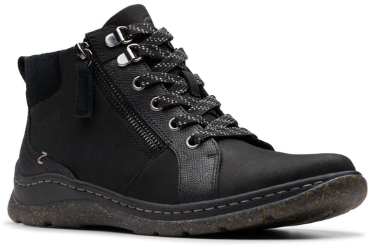 Black ankle boot with side zipper and decorative patterned laces.