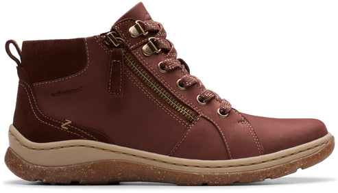 Brown waterproof ankle boot with side zipper, tan sole, and lace-up closure.