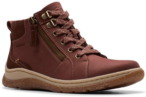 Reddish-brown ankle boot with zipper and laces.