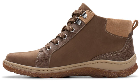 Side view of a brown boot with laces and a light brown sole.
