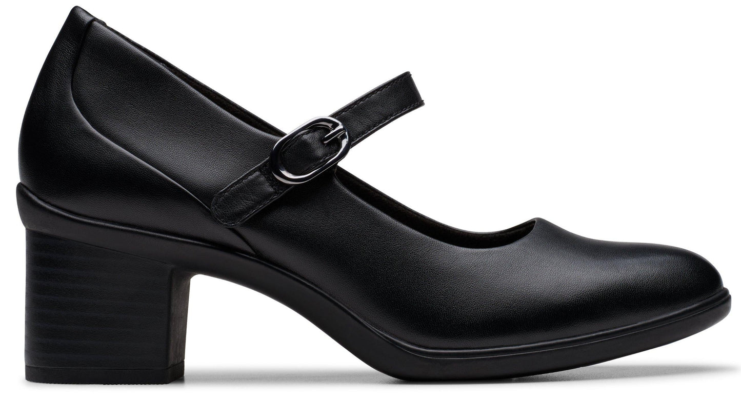 Black Mary Jane style shoe with a block heel and buckle strap.