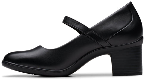 Black leather Mary Jane heel with a rounded toe and a strap.