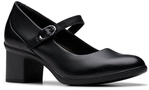 Black leather Mary Jane heel with buckle strap.