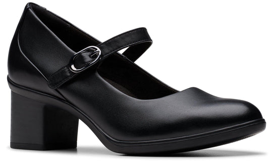 Black leather Mary Jane heel with buckle strap.