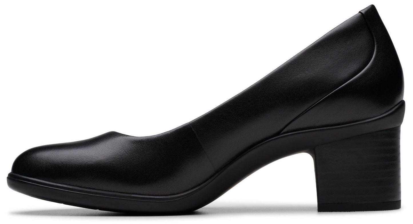 Black leather heeled pump shoe.