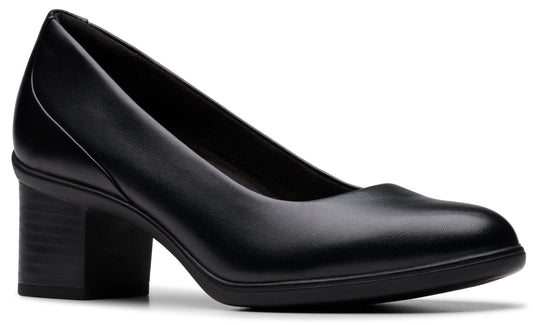 Black leather pump with a block heel.