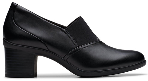 Black leather heeled loafer with stretchy inset.