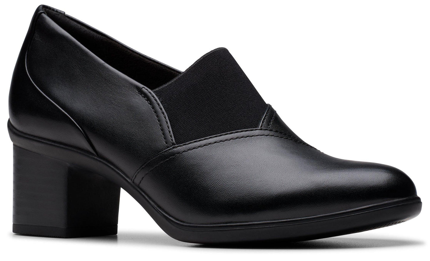 Black leather women's block heel dress shoe with elastic side panels