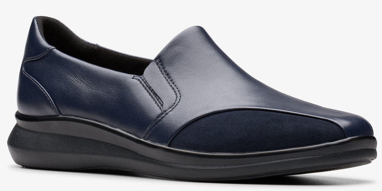 Navy leather slip-on shoe with a low black heel.