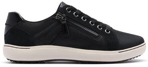 Black low top sneaker with side zipper.