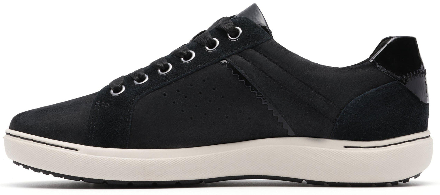 A black sneaker with a white sole.