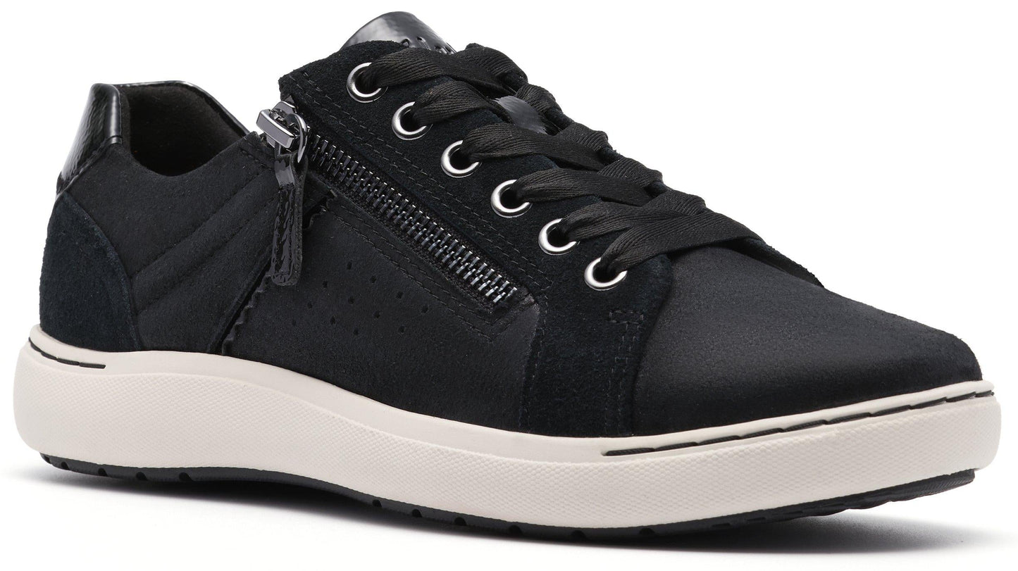 Black women's sneaker with white soles, lace-up closure, and side zipper detail.