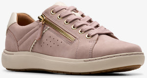 Mauve leather sneaker with decorative side zipper, eyelets and laces, and a white heel.