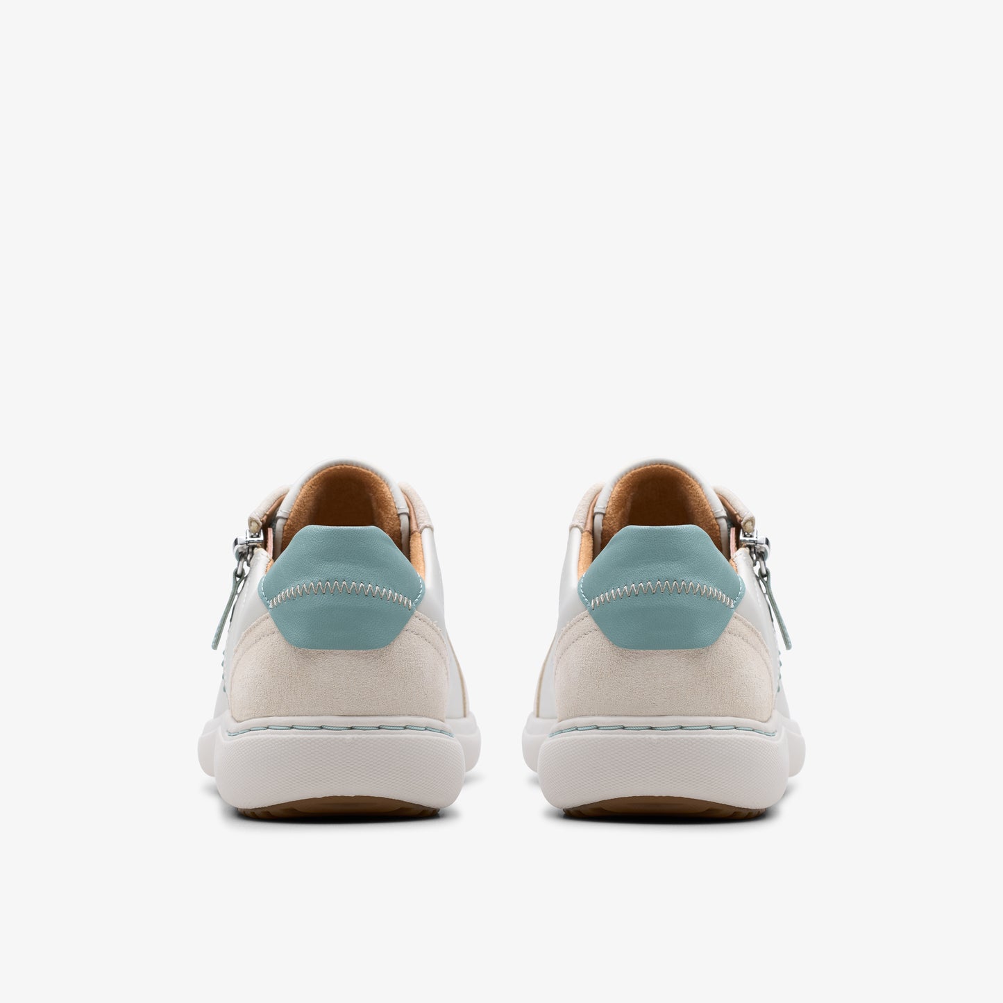 Rear view of low-profile sneakers in off-white leather with light blue heel detail and silver zipper on outer side.