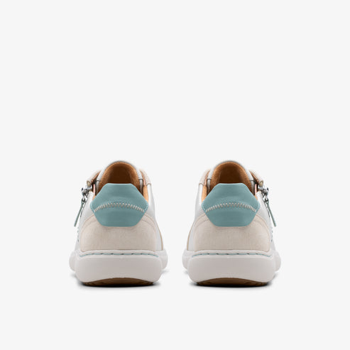 Rear view of low-profile sneakers in off-white leather with light blue heel detail and silver zipper on outer side.