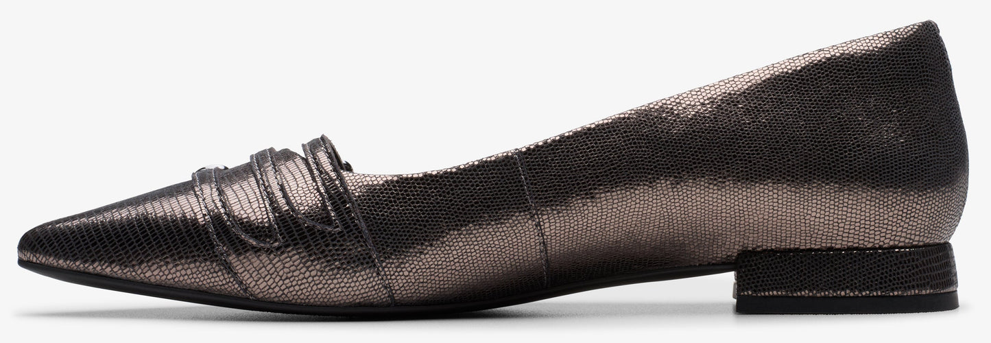 A metallic-looking dressy flat with a pointed toe and a low heel.